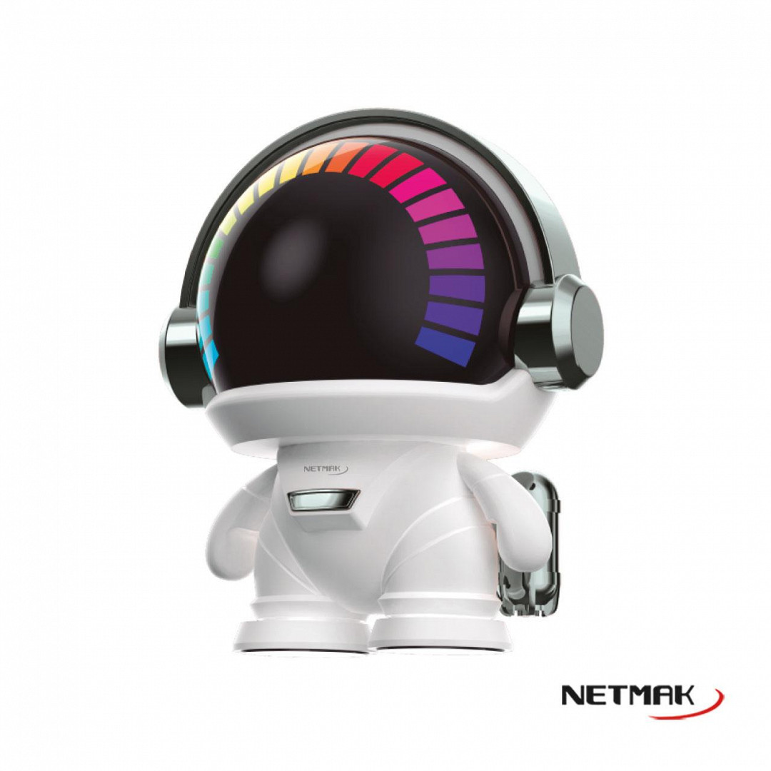 Parlante 1.0 portable astronauta -3w -bluetooth 5.0 -luces led audiorítmicas -bat. recargable 1200mAh -white -Netmak (NM-ALPHA